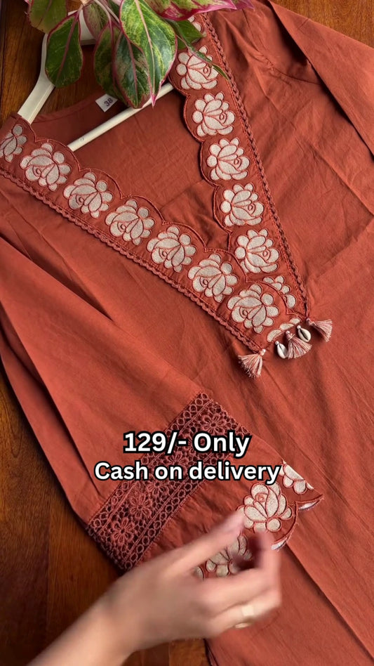Rust Embroidered Cotton Kurti