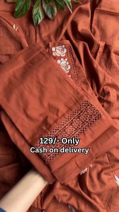 Rust Embroidered Cotton Kurti