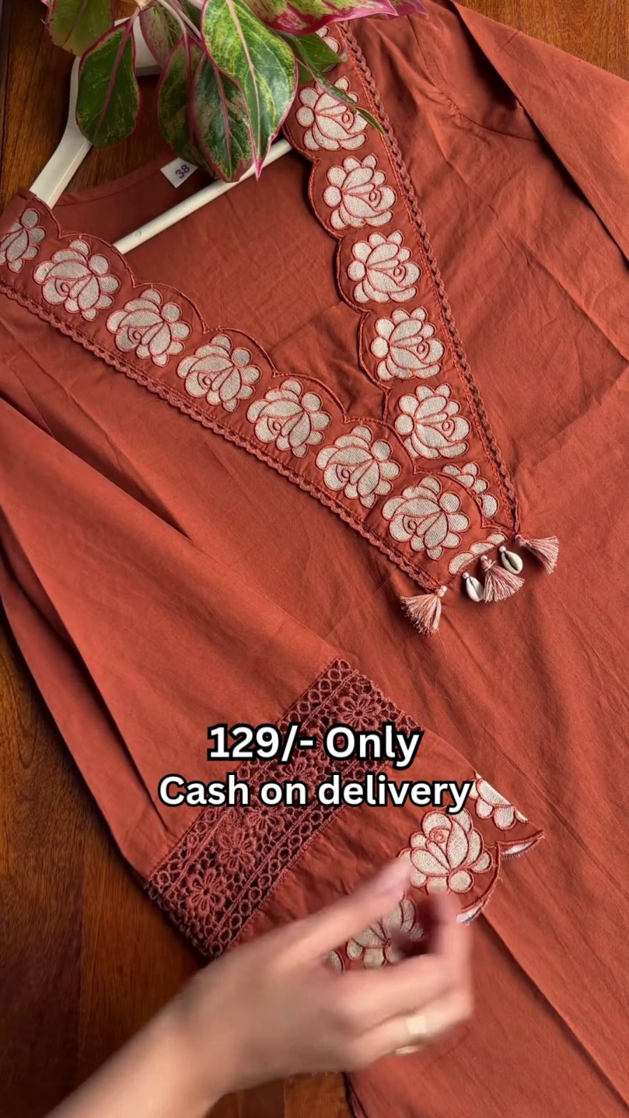 Rust Embroidered Cotton Kurti