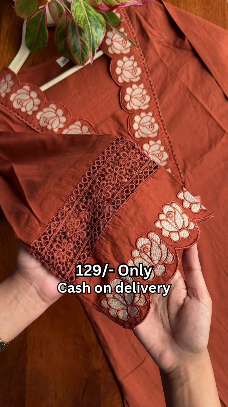 Rust Embroidered Cotton Kurti