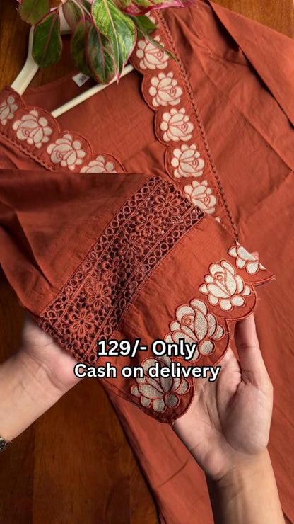 Rust Embroidered Cotton Kurti