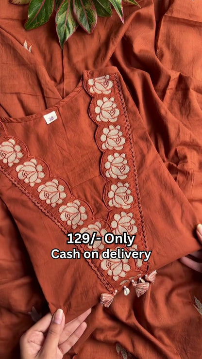 Rust Embroidered Cotton Kurti