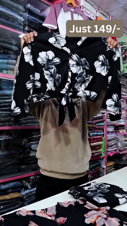 Monochrome Floral Tie-Up Crop Top