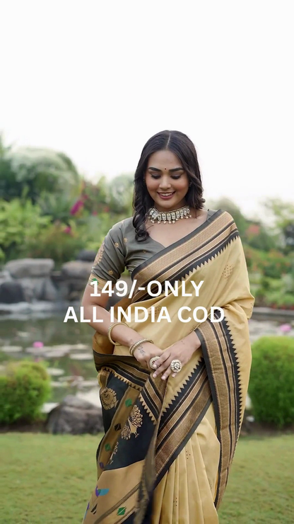 Cream & Black Border Traditional Saree