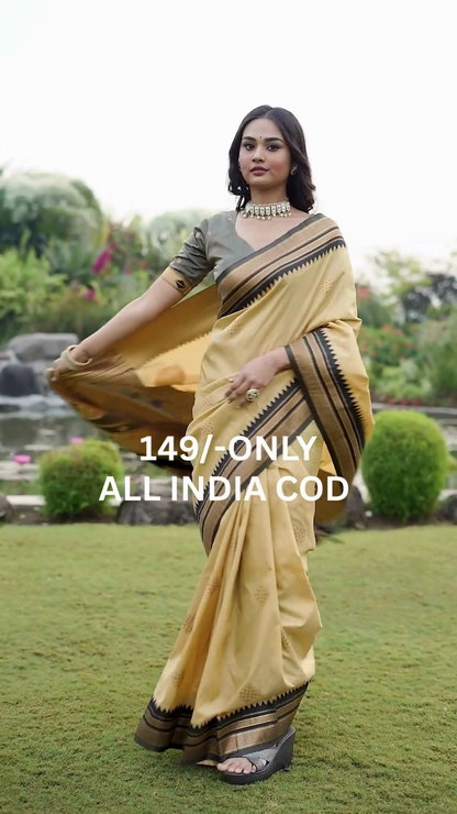 Cream & Black Border Traditional Saree