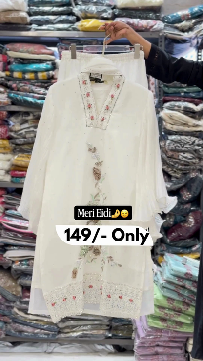 Meri Eidi Embroidered White Kurti Set
