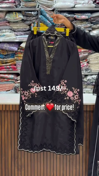 Floral Embroidered Black Kurti