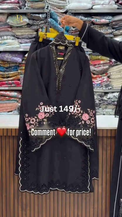 Floral Embroidered Black Kurti
