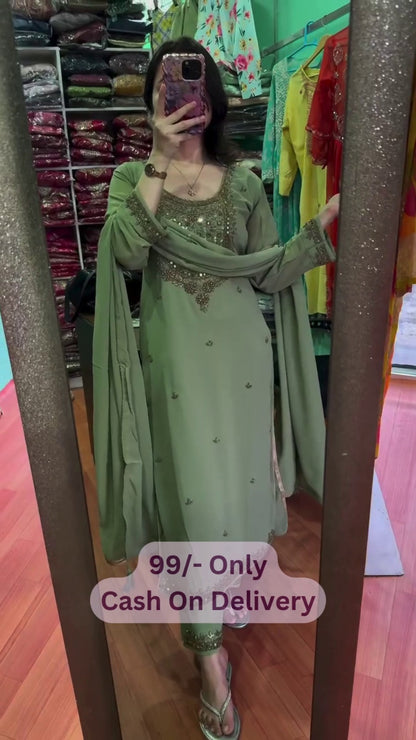 Elegant Sage Green Embroidered Suit Set