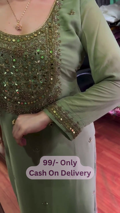 Elegant Sage Green Embroidered Suit Set