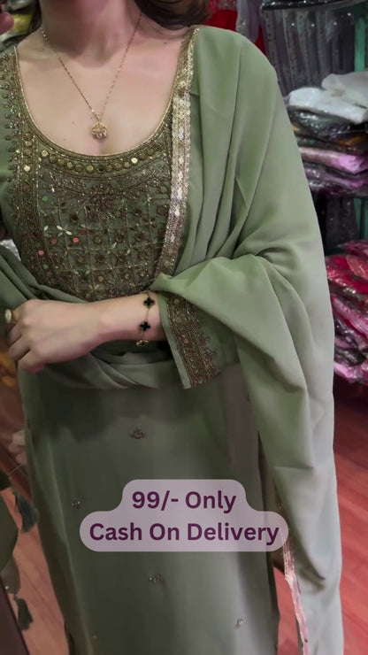 Elegant Sage Green Embroidered Suit Set
