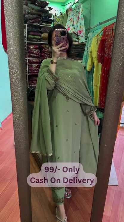 Elegant Sage Green Embroidered Suit Set
